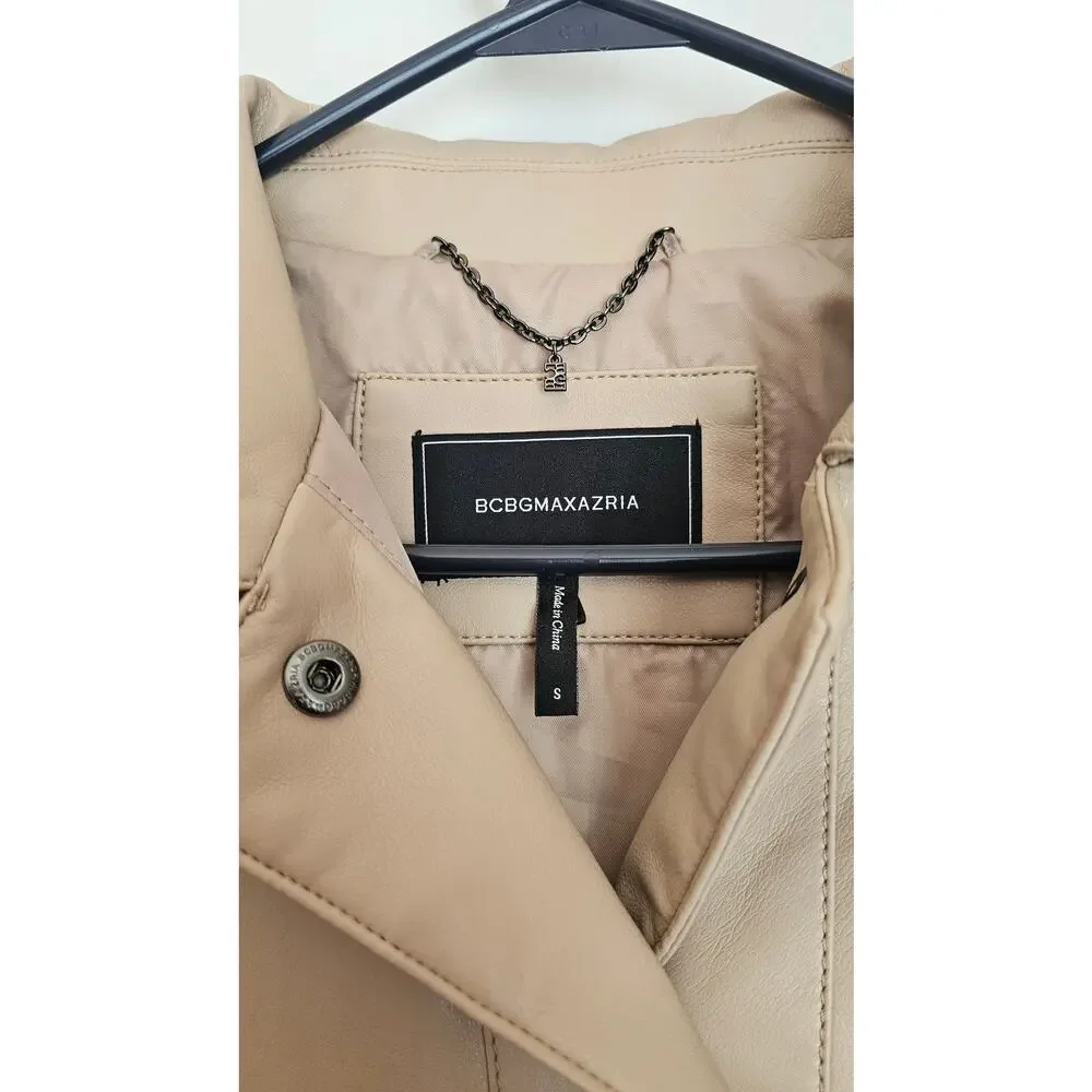 BCBGMAXAZRIA Faux-Leather Shirt Jacket Tan Oversized Fit Womens Sz S